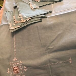 Vintage Italian Aqua Linen Tablecloth 48 X 66 With 6 Napkins